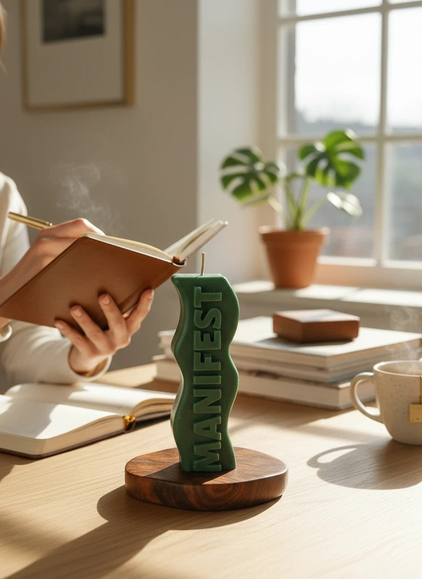 Crystal Fairy Patch green sculptural MANIFEST candle on a wooden base, placed on a desk with a person writing in a journal.