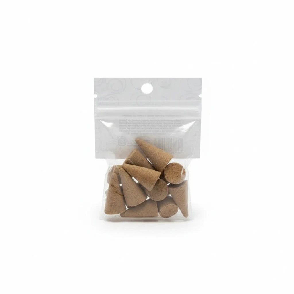 Crystal Fairy Patch handmade cone incense for banishing and cleansing dark energies, pack of 10 in a clear plastic pouch.