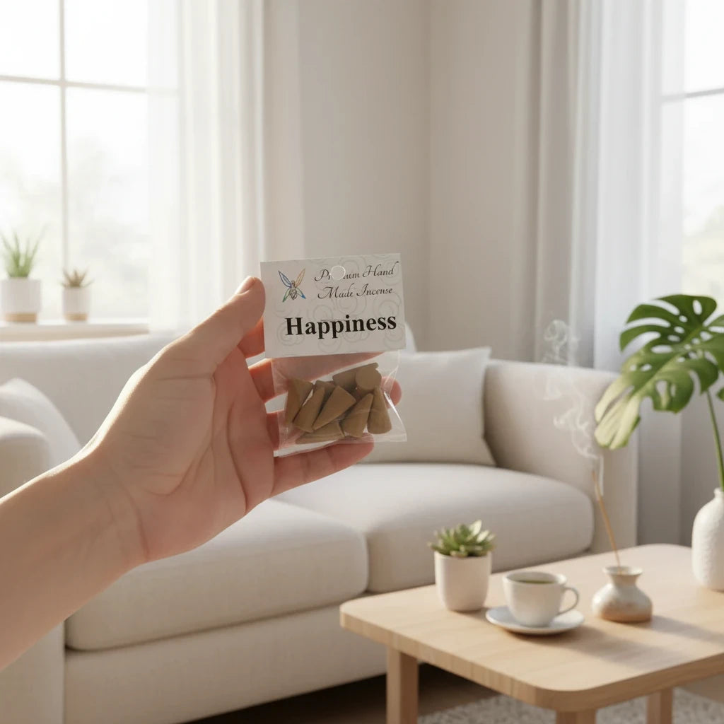 Hand holding a pack of Crystal Fairy Patch Happiness premium hand-made cone incense in a bright, cozy living room setting.