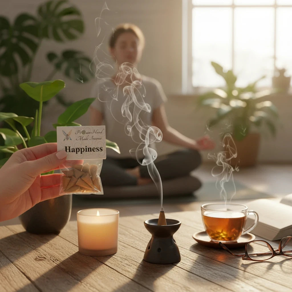 Crystal Fairy Patch Happiness premium hand-made cone incense pack held in hand with a smoldering cone on a burner in the background