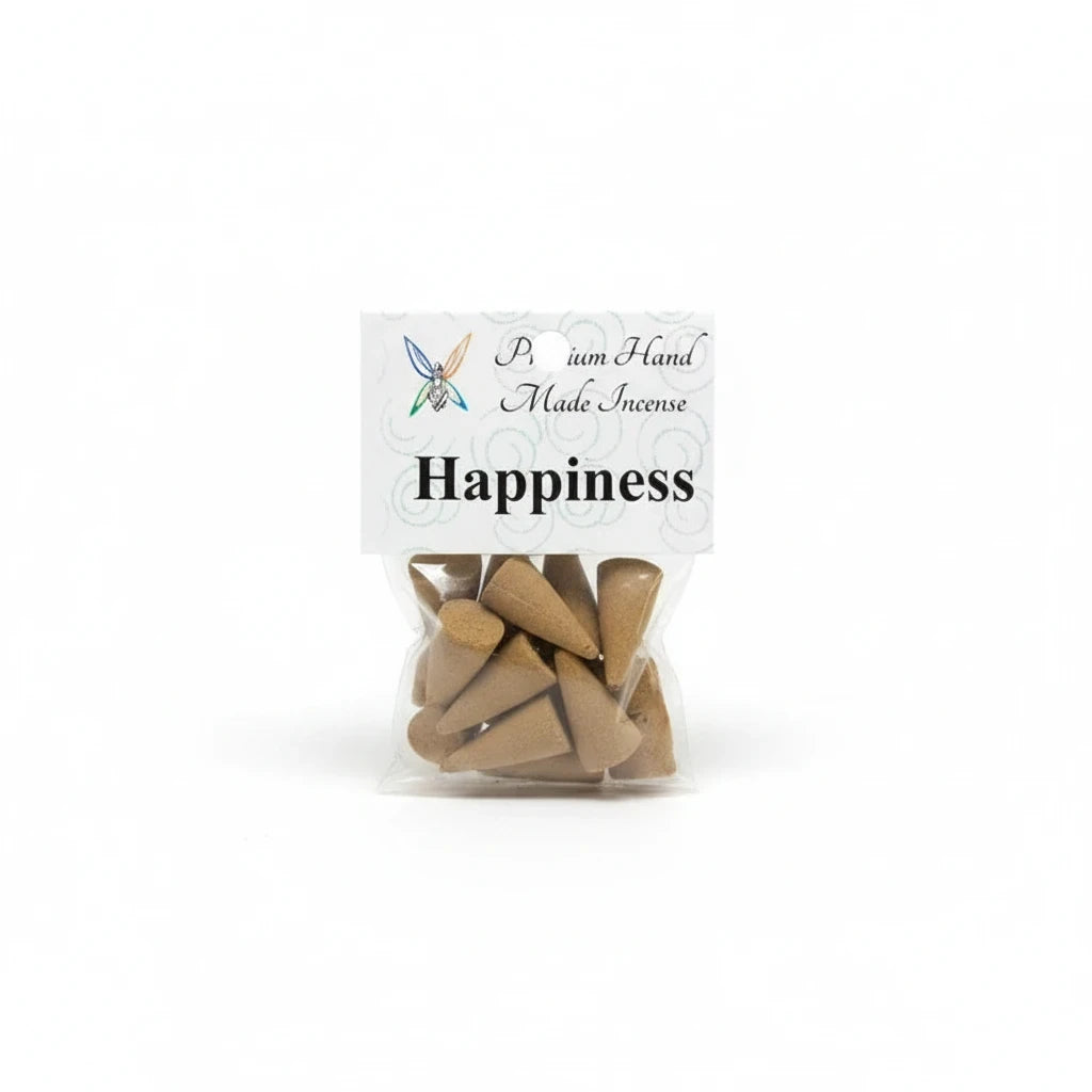 Crystal Fairy Patch Happiness premium hand-made cone incense in a clear plastic bag with a white label