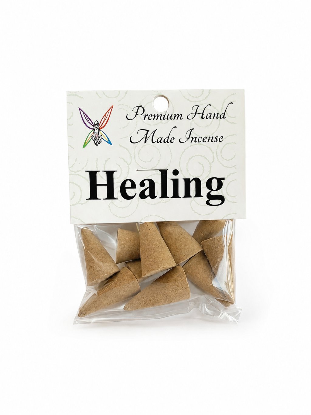 Crystal Fairy Patch Healing premium hand-made incense cones in a clear plastic pack of ten for body and spirit wellness.