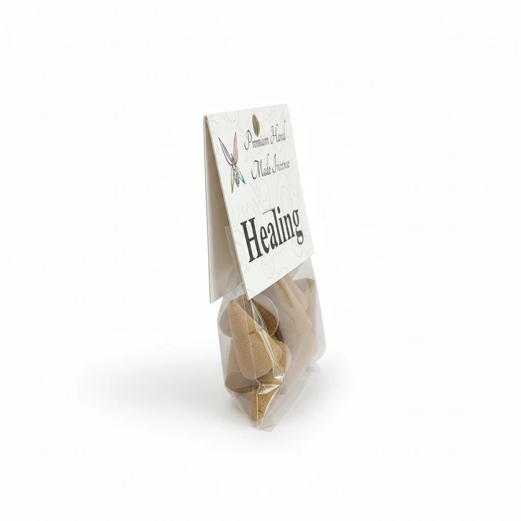 Crystal Fairy Patch Healing premium hand-made cone incense in a clear plastic pack of ten for aromatherapy and wellness.