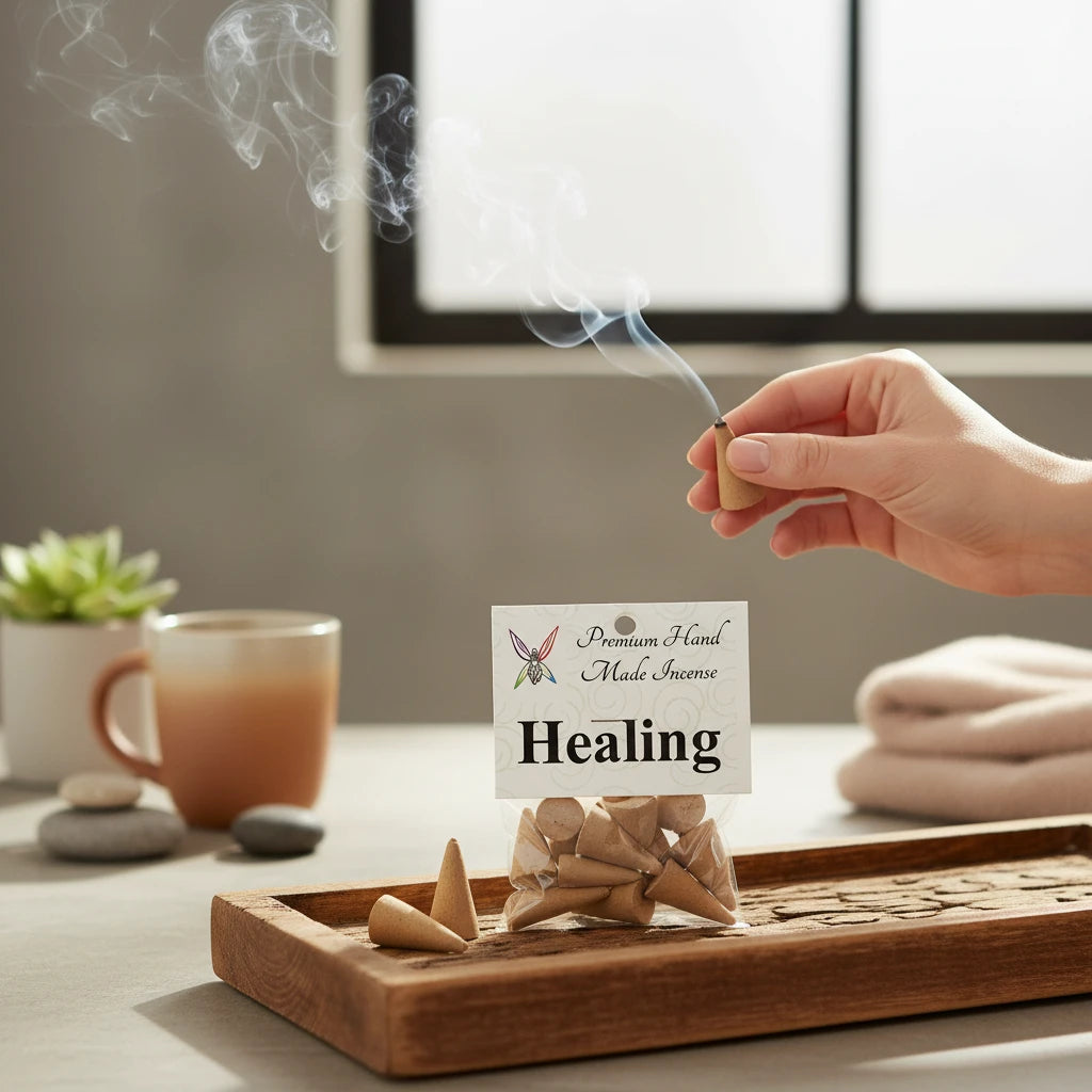 Crystal Fairy Patch Healing premium handmade incense cones in a clear bag with a hand holding a lit cone releasing smoke