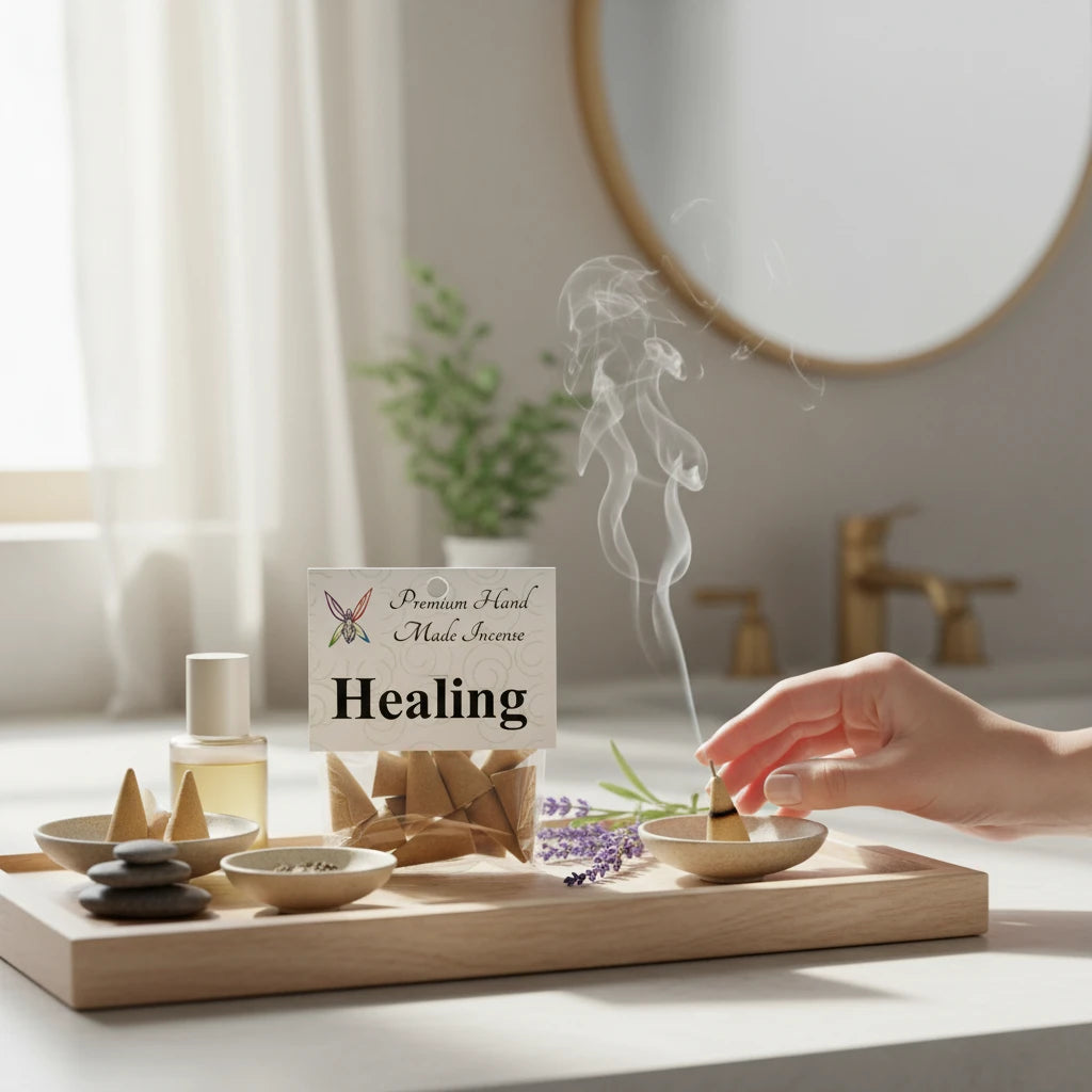 Crystal Fairy Patch healing cone incense set with lavender and stones on a wooden tray, hand lighting a cone in a spa setting