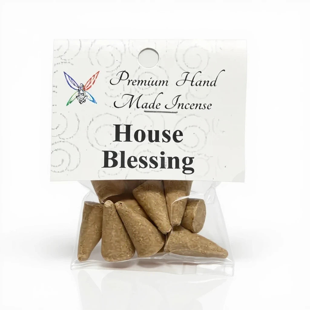 Crystal Fairy Patch House Blessing premium hand-made incense cones in a clear plastic bag with a white header card.