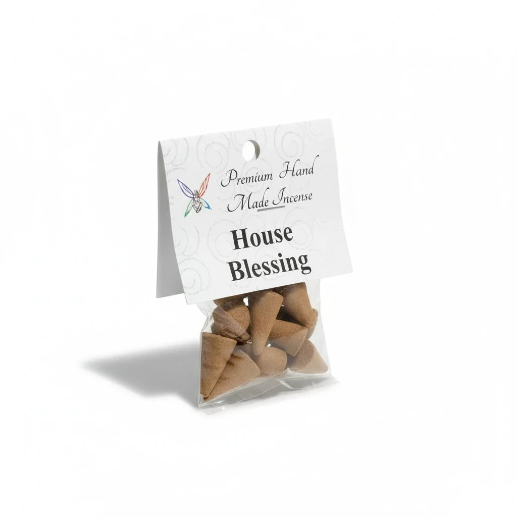 Crystal Fairy Patch House Blessing premium hand-made incense cones in a small clear plastic bag with a white header card.