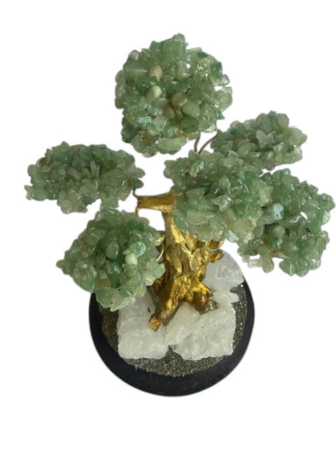 Crystal Fairy Patch jade gemstone bonsai tree with green leaves, gold trunk, and a quartz and pyrite crystal base.