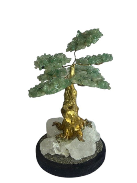 Crystal Fairy Patch jade gemstone bonsai tree with green leaves, gold trunk, and a base of clear quartz and pyrite crystals.