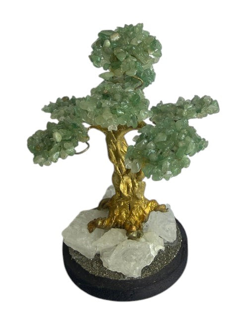 Crystal Fairy Patch jade bonsai tree with green gemstone leaves, gold trunk, and a base of clear quartz and pyrite crystals.