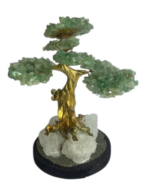 Crystal Fairy Patch jade bonsai tree with green gemstone leaves, gold-toned trunk, and quartz and pyrite crystal base.