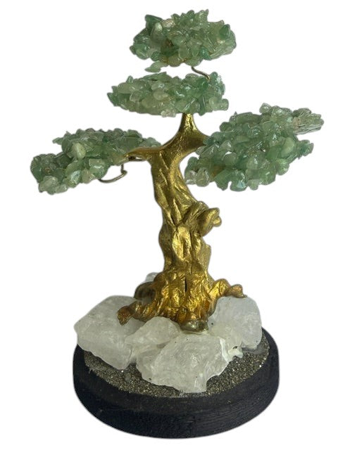 Crystal Fairy Patch jade bonsai tree with green gemstone leaves, gold-toned trunk, and a quartz and pyrite crystal base.