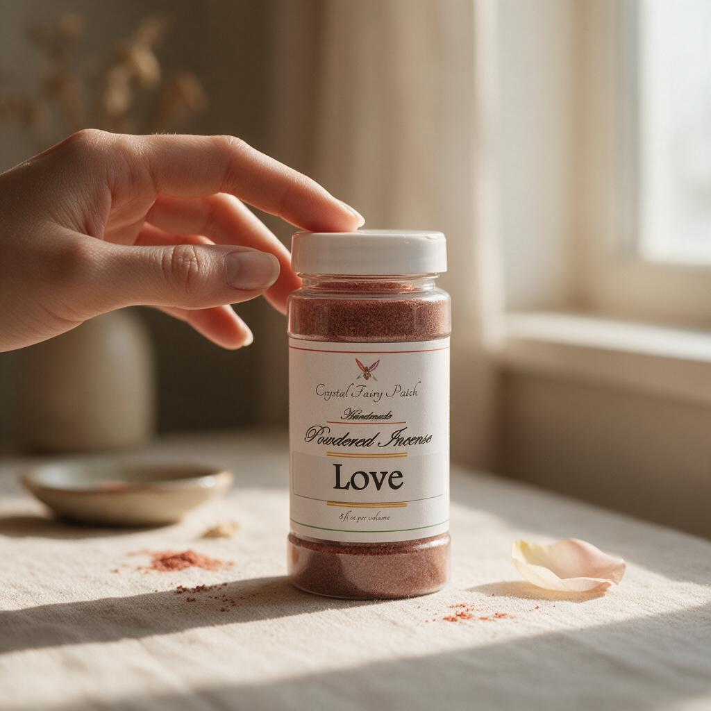 Crystal Fairy Patch Love powdered incense in a clear plastic jar held by a hand on a sunlit table with a rose petal