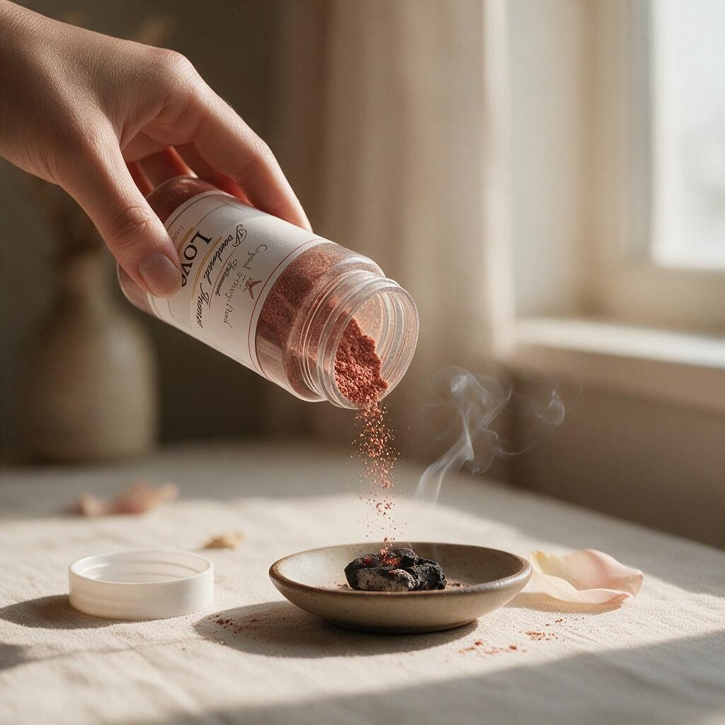 Crystal Fairy Patch Love Powdered Incense being sprinkled onto a lit charcoal tablet for a romantic ritual
