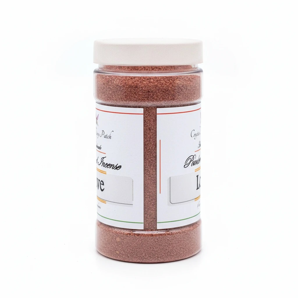 Crystal Fairy Patch Love powdered incense in a clear plastic jar with a white lid for rituals and setting an affectionate tone.
