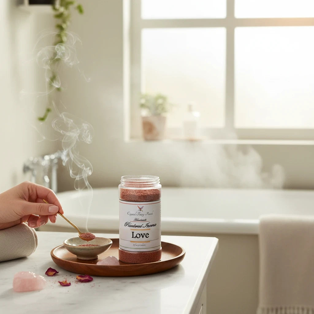 Crystal Fairy Patch Love powdered incense in a jar with a hand using a gold spoon to sprinkle it onto a charcoal in a small bowl near a bath