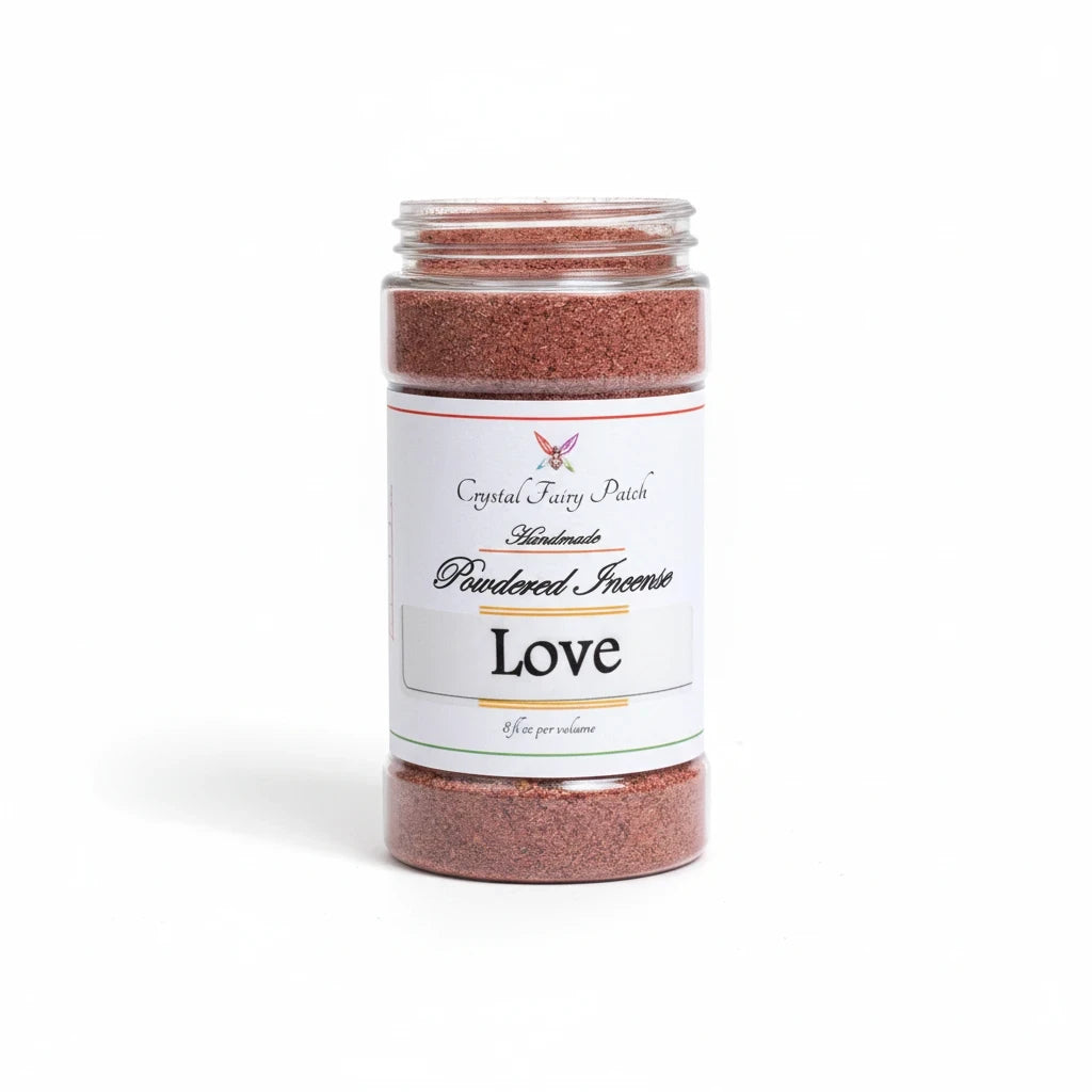 Crystal Fairy Patch Love powdered incense in a clear plastic jar for rituals and setting an affectionate atmosphere