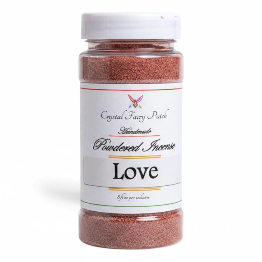 Crystal Fairy Patch Love powdered incense in a clear plastic jar with a white lid, used for rituals and setting a romantic mood.