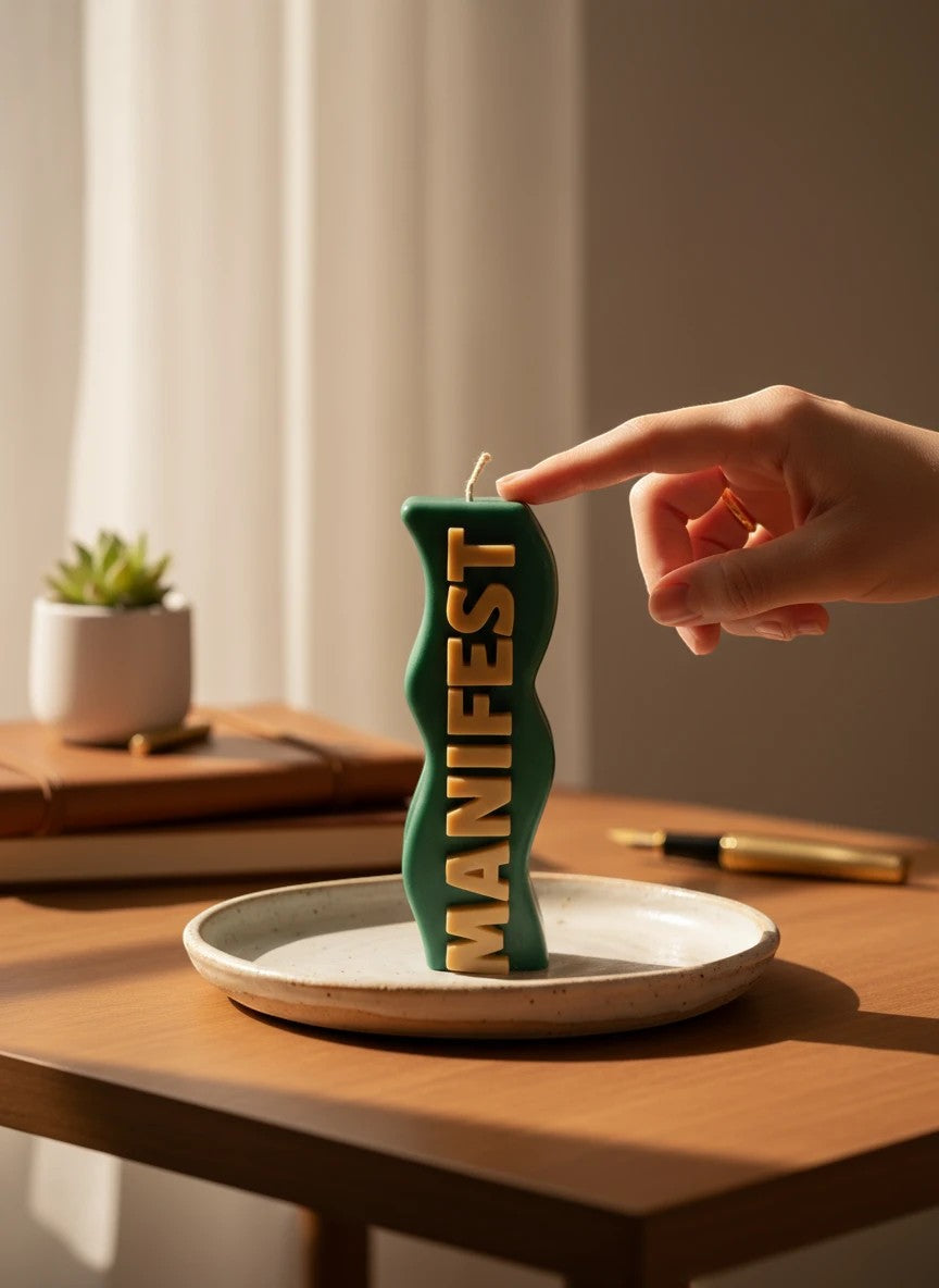 Crystal Fairy Patch green and beige wavy sculptural candle with raised MANIFEST lettering on a ceramic plate on a wooden desk.