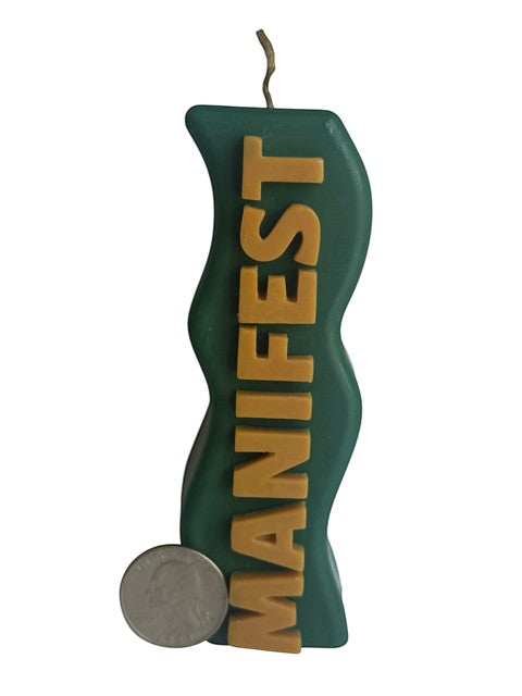 Crystal Fairy Patch handcrafted green wavy candle with beige raised MANIFEST lettering for meditation and home decor.
