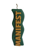 Crystal Fairy Patch handcrafted green wavy pillar candle with beige raised MANIFEST lettering for meditation and decor.