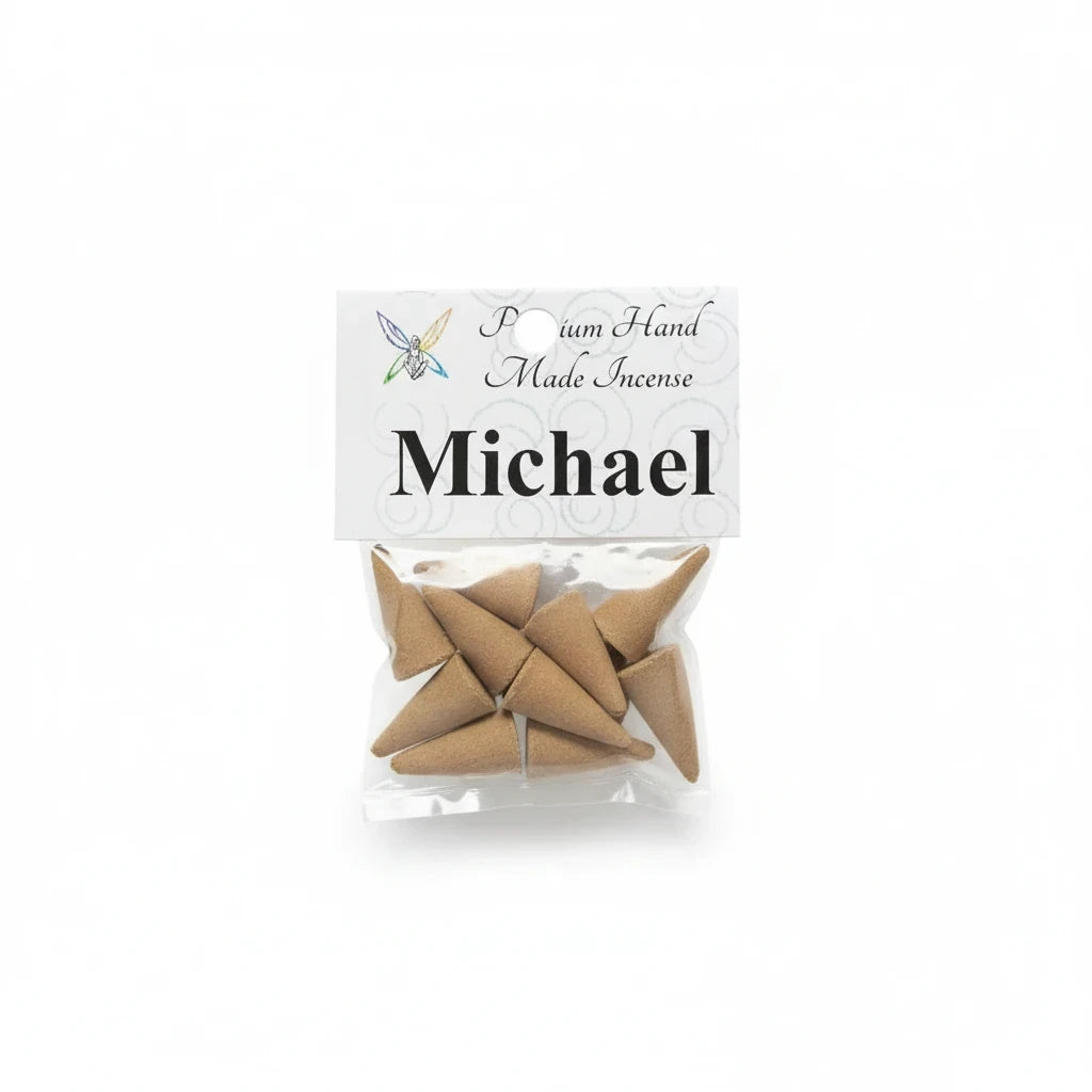 Crystal Fairy Patch Michael premium hand-made cone incense in a clear plastic bag with a branded label for spiritual practice.