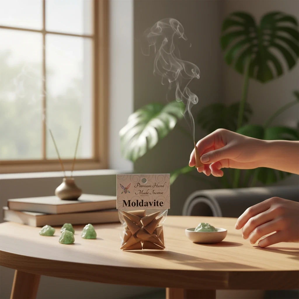 Crystal Fairy Patch Moldavite premium hand-made cone incense in a clear bag with a hand lighting a cone on a wooden table