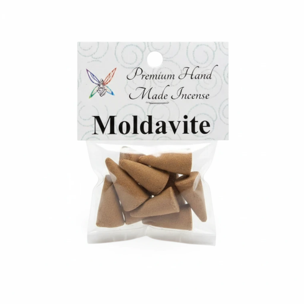 Crystal Fairy Patch Moldavite premium hand-made brown incense cones in a small clear plastic bag with a branded header card.