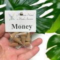 Crystal Fairy Patch Money premium hand-made incense cones in a clear plastic bag held against a green monstera leaf background.