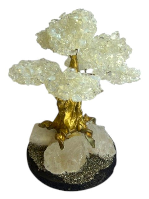 Crystal Fairy Patch opalite bonsai tree with gold trunk on a quartz and pyrite crystal base for home decor.
