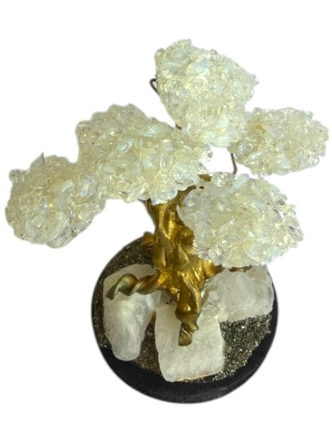 Crystal Fairy Patch handcrafted opalite chip bonsai tree with a gold-toned trunk on a quartz and pyrite crystal base.