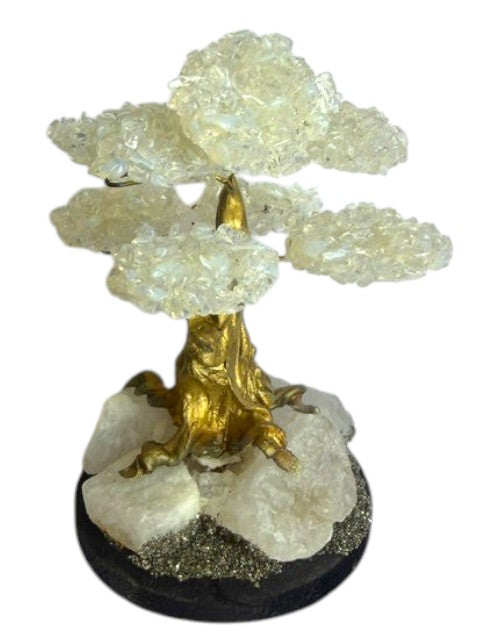 Crystal Fairy Patch handcrafted opalite bonsai tree with gold-toned trunk on a natural quartz and pyrite crystal base.