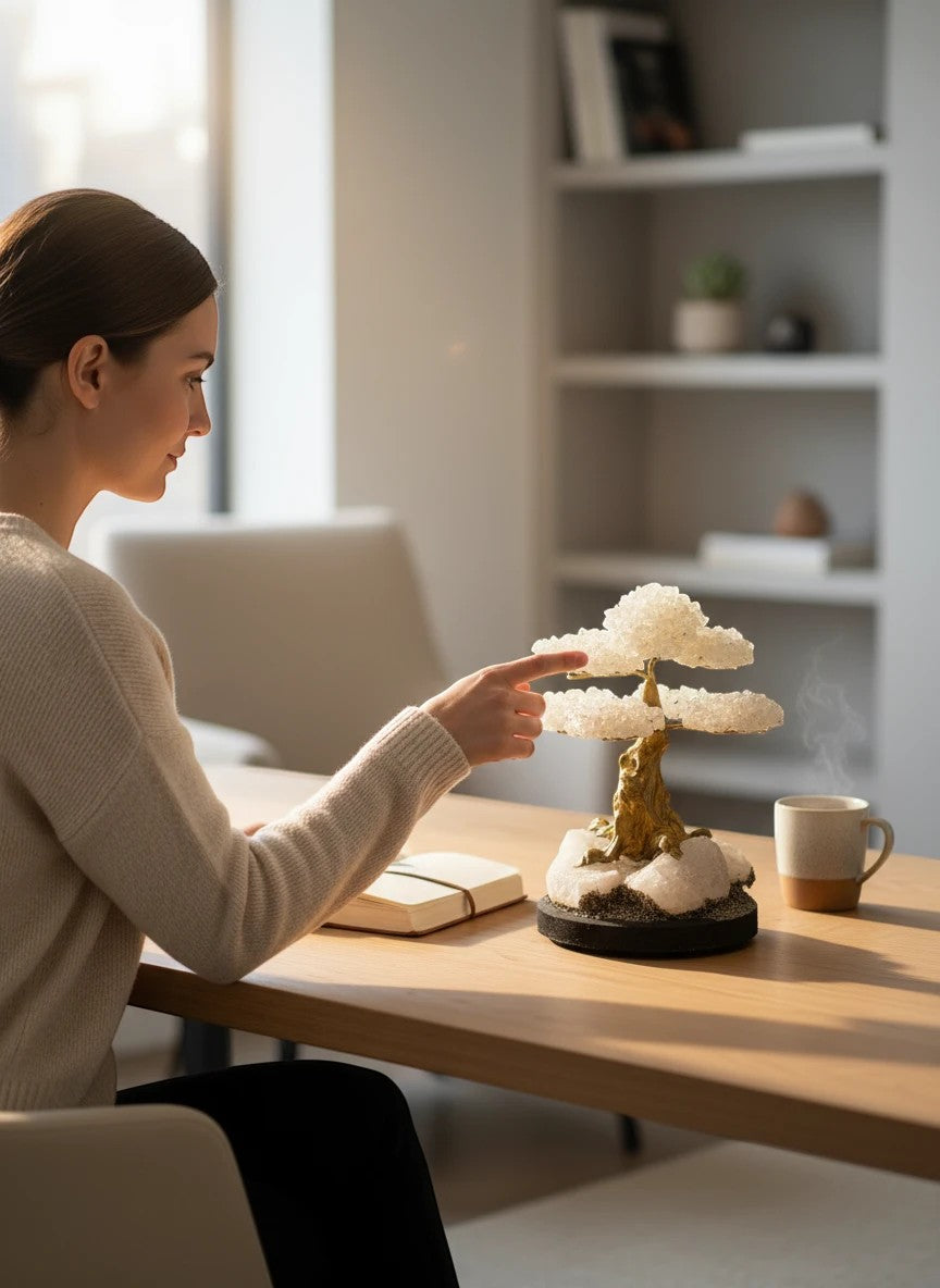 Woman touching a Crystal Fairy Patch opalite crystal bonsai tree with a gold trunk on a quartz and pyrite base on a wooden desk.