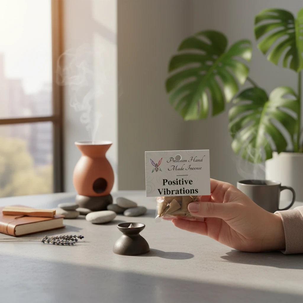 Crystal Fairy Patch Positive Vibrations hand-made cone incense pack held in hand with a smoldering incense burner on a table