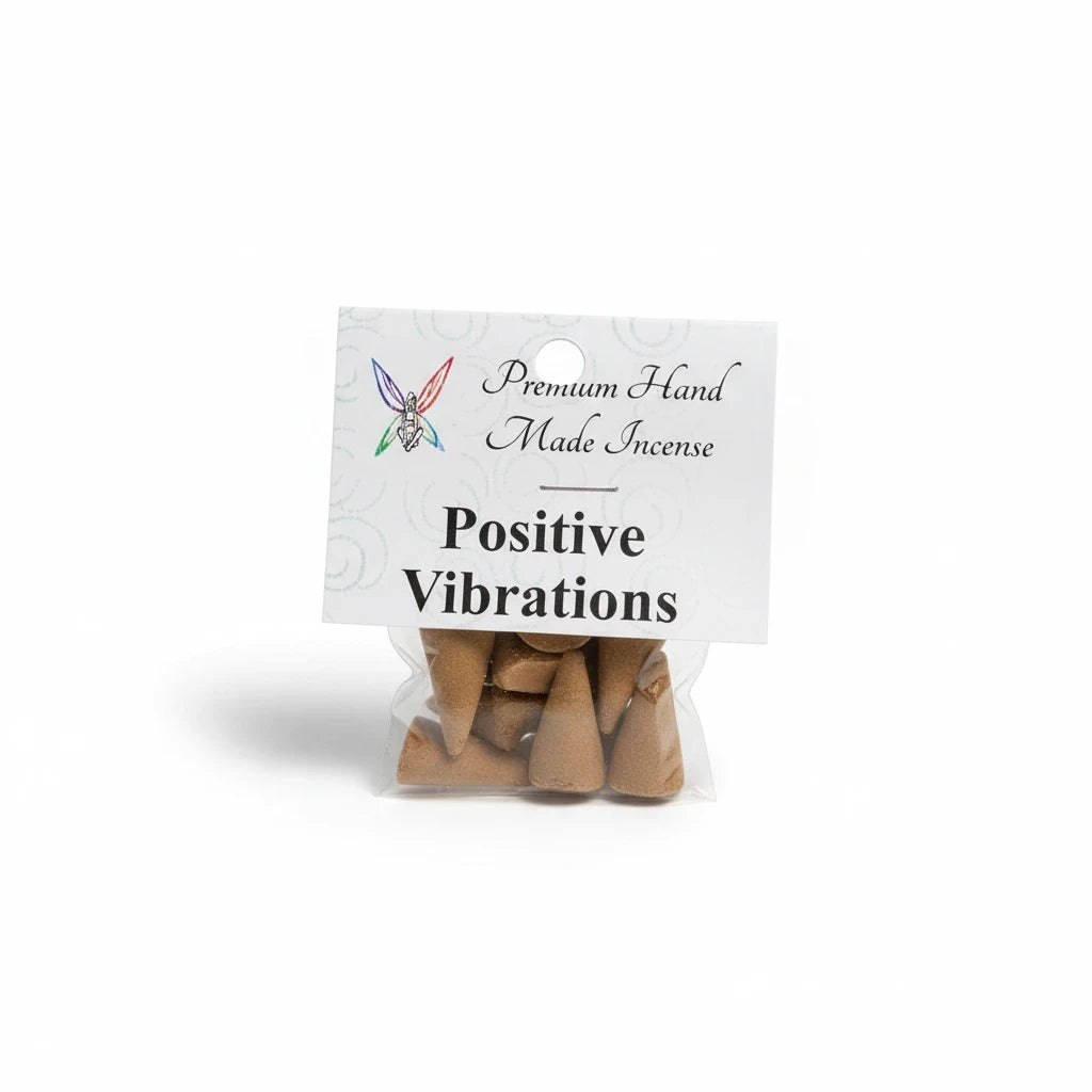 Crystal Fairy Patch Positive Vibrations premium hand-made cone incense in a small clear plastic bag with a branded header card.
