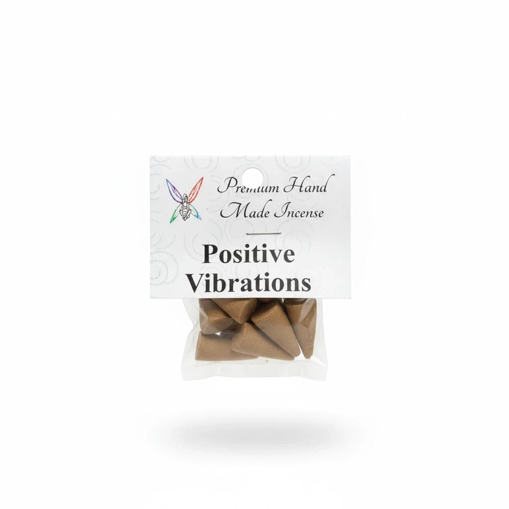 Crystal Fairy Patch Positive Vibrations premium hand-made brown cone incense in a small clear plastic hanging retail bag