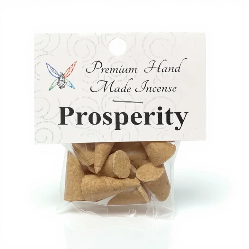 Crystal Fairy Patch Prosperity premium hand made cone incense in a clear plastic bag with a branded header card.