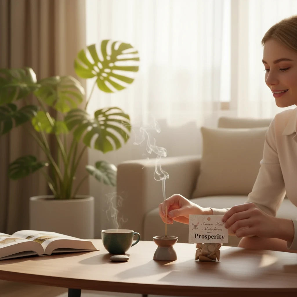 Crystal Fairy Patch Prosperity premium hand made cone incense burning on a table next to a woman in a bright, cozy living room.