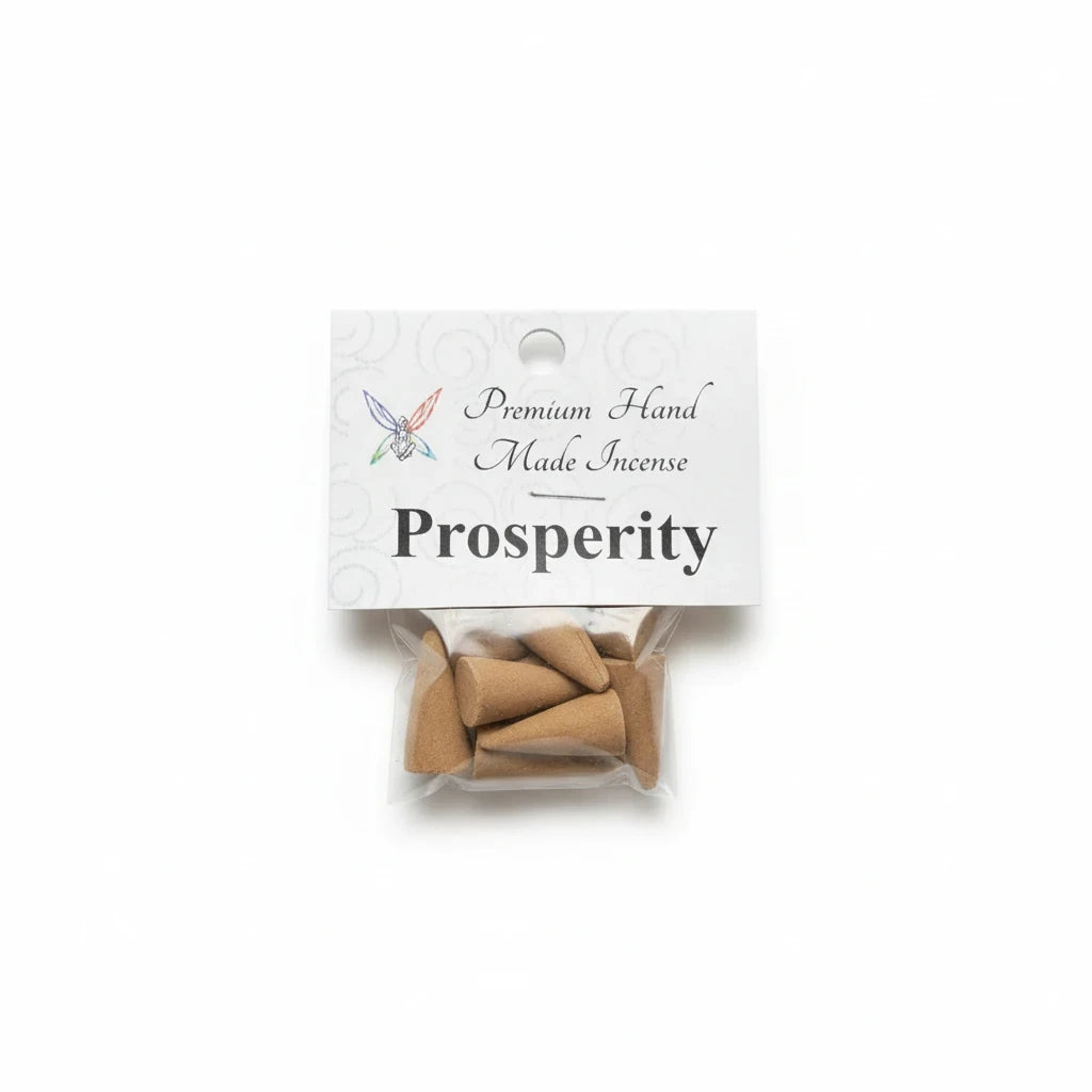 Crystal Fairy Patch Prosperity premium hand made cone incense in a small clear plastic bag with a branded header card