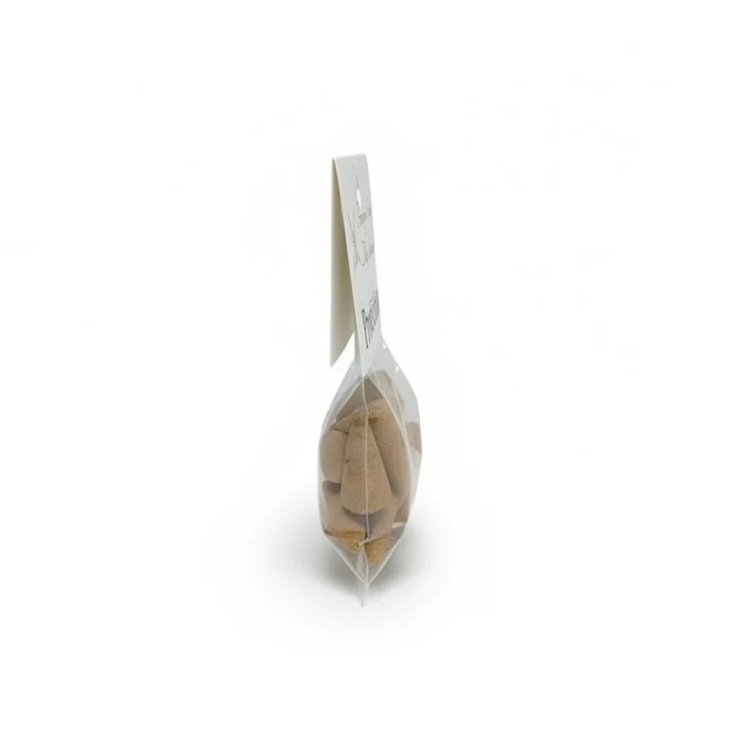 Crystal Fairy Patch Protection premium hand-made cone incense in a clear plastic hanging retail package, side view.