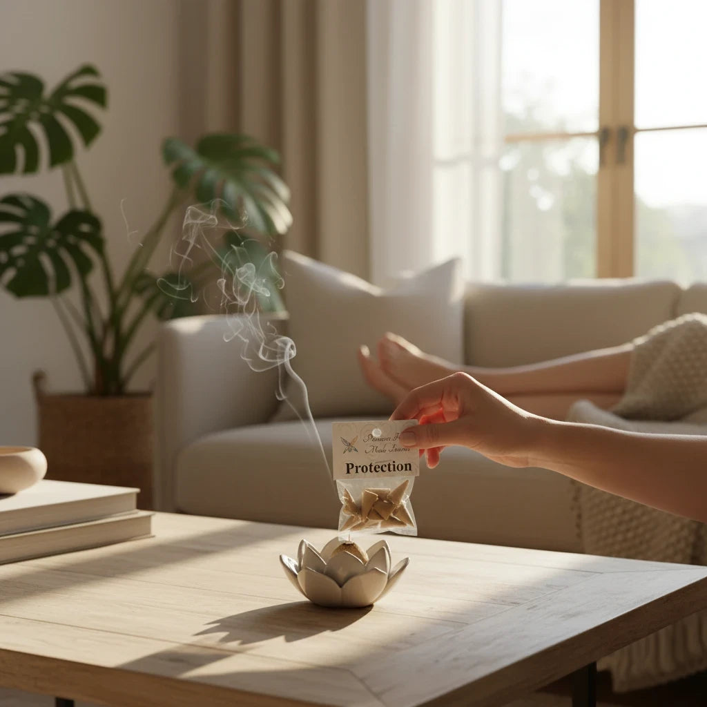 Crystal Fairy Patch Protection premium hand-made cone incense being placed in a white lotus-shaped burner in a cozy living room.