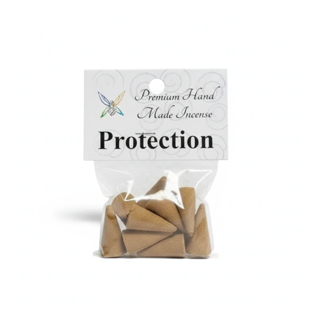 Crystal Fairy Patch Protection premium hand-made cone incense in a clear plastic bag with a white header card