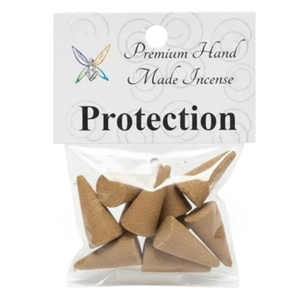 Crystal Fairy Patch Protection premium hand-made cone incense in a clear plastic bag with a white header card.