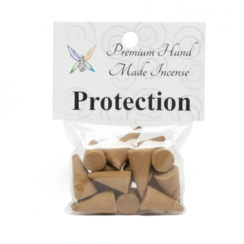 Crystal Fairy Patch Protection premium hand-made cone incense in a small clear plastic bag with a white header card.