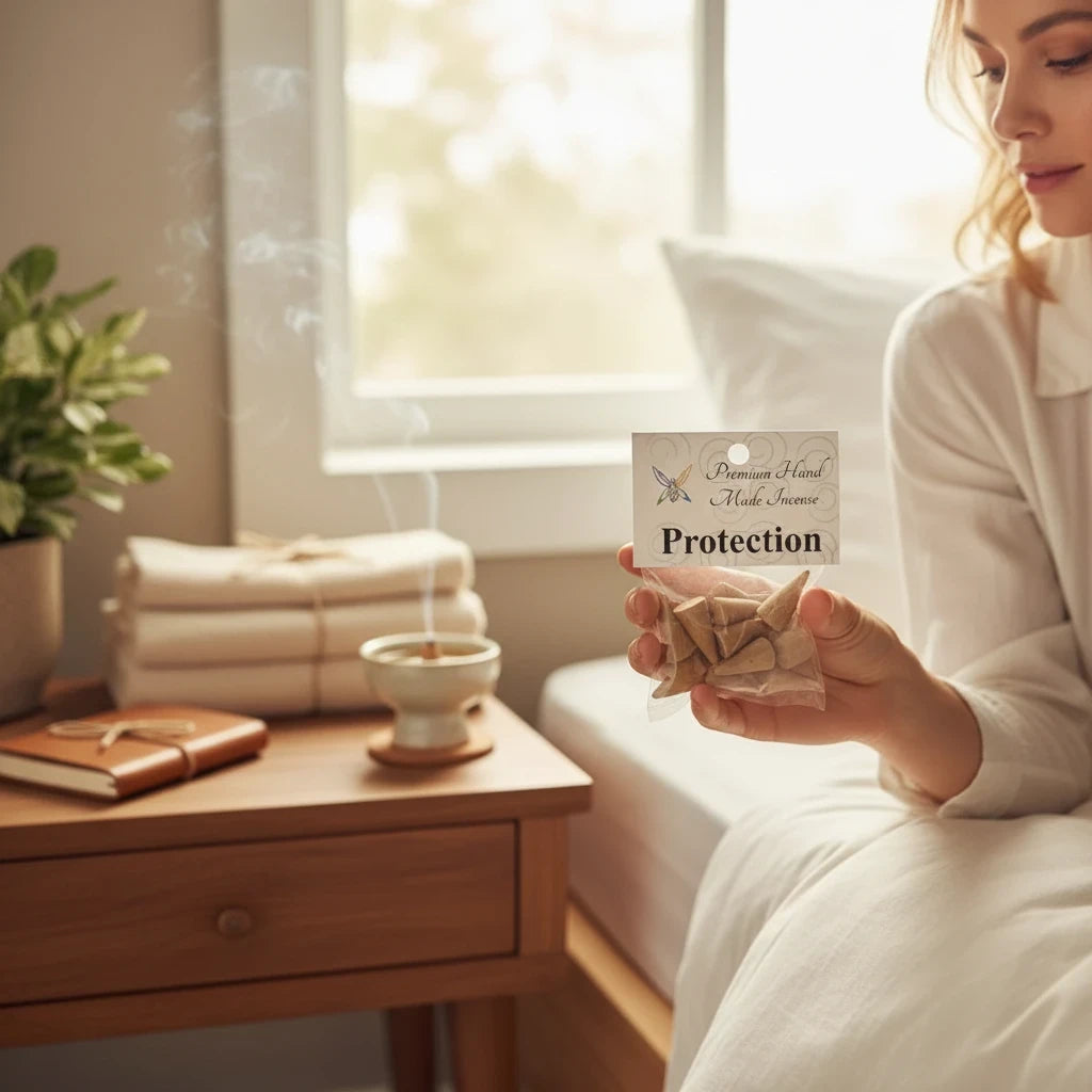 Crystal Fairy Patch Protection premium hand-made cone incense held by a woman in a serene bedroom setting with a smoking burner.