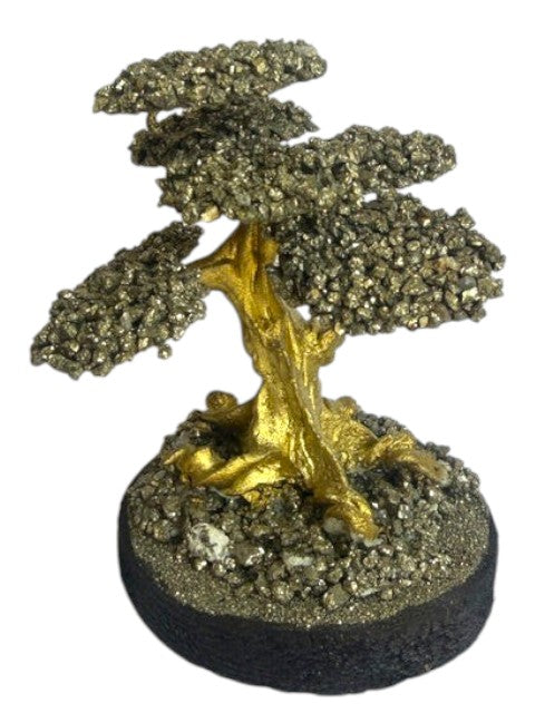 Crystal Fairy Patch Pyrite Bonsai tree sculpture with gold-toned trunk and metallic mineral foliage on a pyrite-coated base.