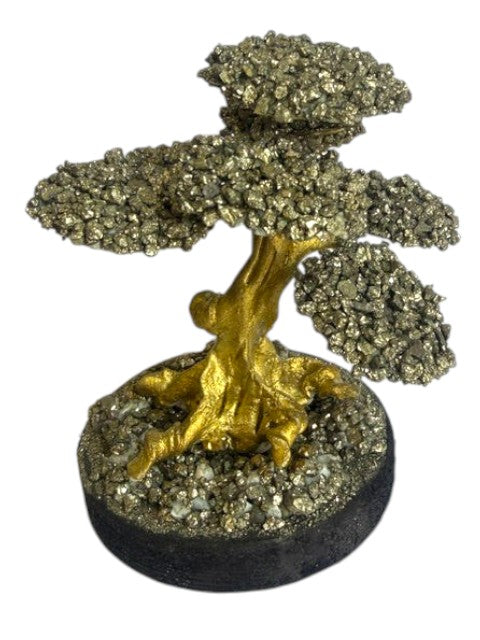 Crystal Fairy Patch Pyrite Bonsai Tree with gold-toned trunk and metallic mineral foliage on a pyrite-coated base.