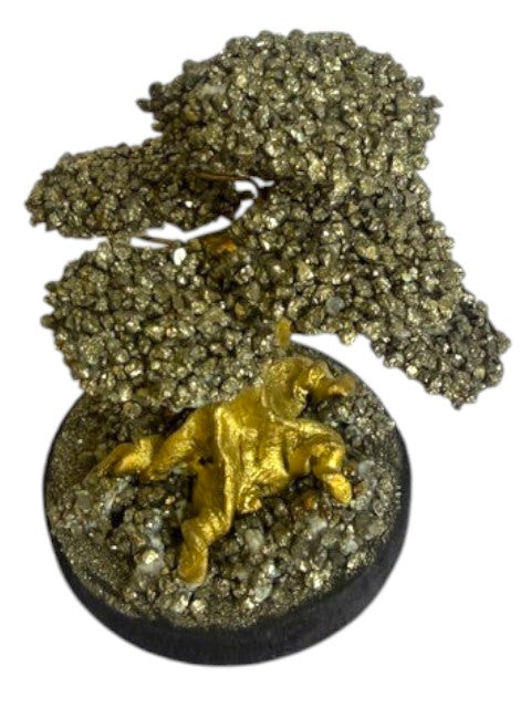 Crystal Fairy Patch Pyrite Bonsai Tree sculpture with gold-toned trunk and metallic mineral foliage on a pyrite-coated base.