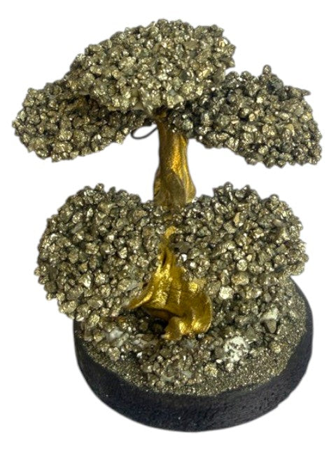 Crystal Fairy Patch Pyrite Bonsai Tree sculpture with gold-toned trunk and metallic mineral foliage on a pyrite-coated base.