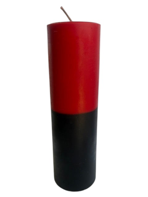 Crystal Fairy Patch handcrafted double action reversing pillar candle with a bold red and black dual-tone wax design.